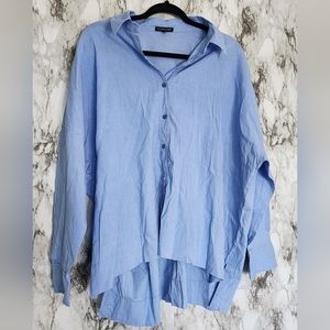 Eileen Fisher Women's Medium Linen Blend Blue Loose Fit High Low Button Down Up